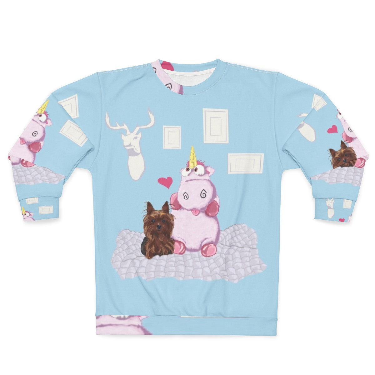 Cute family portrait sweatshirt featuring a legendary unicorn and yorkie dog