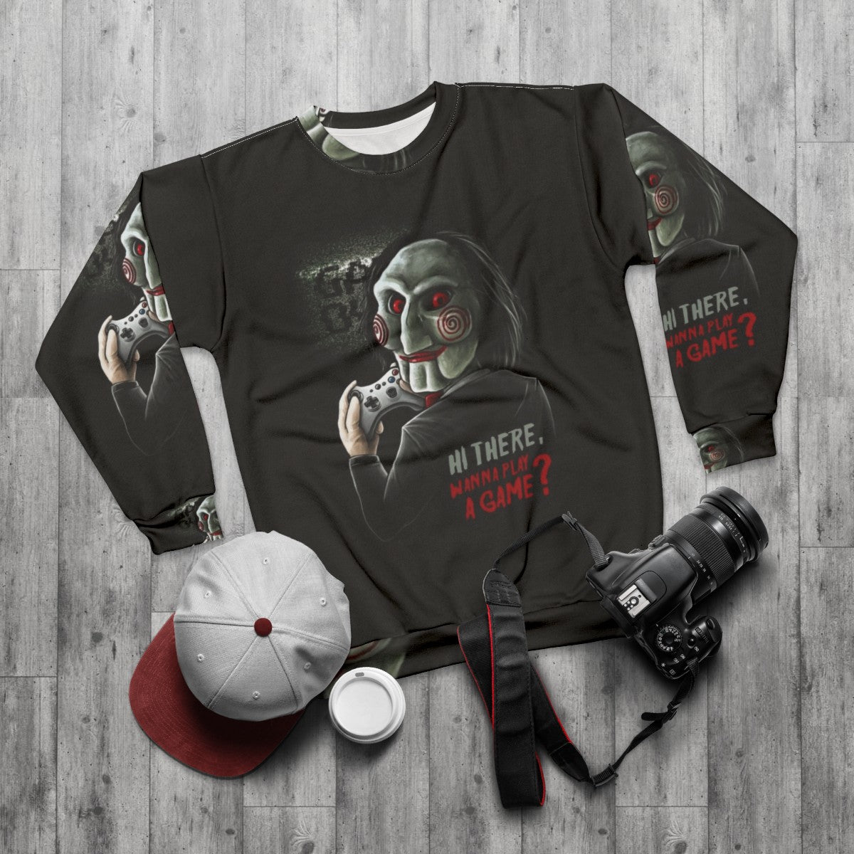 "Wanna Play a Game?" Saw-inspired gamer sweatshirt - flat lay