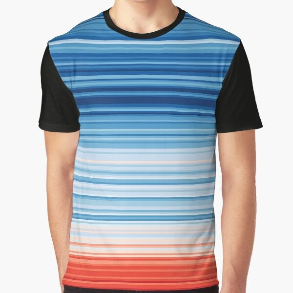 T-shirt with a graphic design featuring "Warm Stripes" and text related to climate change, global warming, and environmental activism.