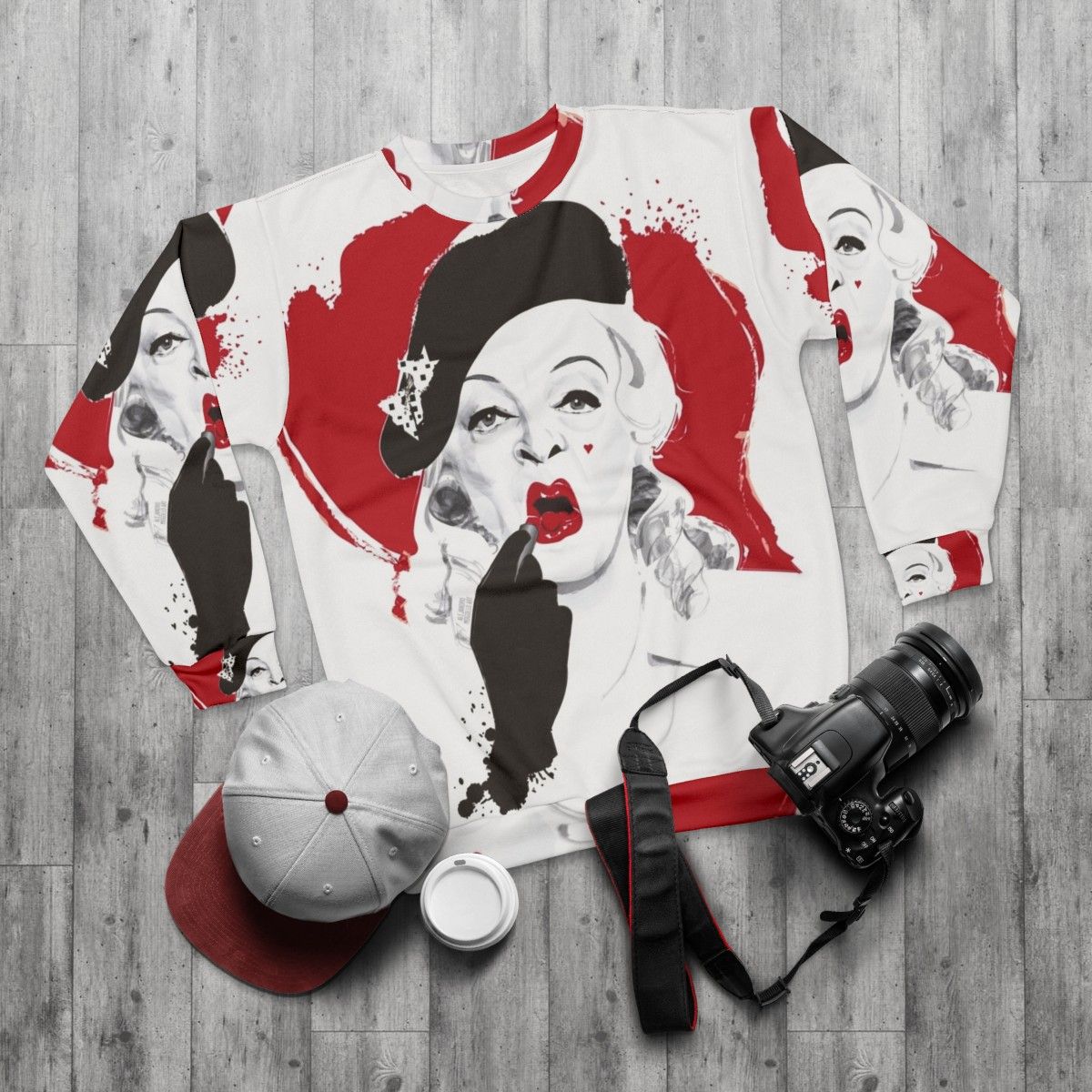 "Baby Jane Lipstick Sweatshirt featuring Hollywood Icon design by Alejandro Mogollo" - flat lay