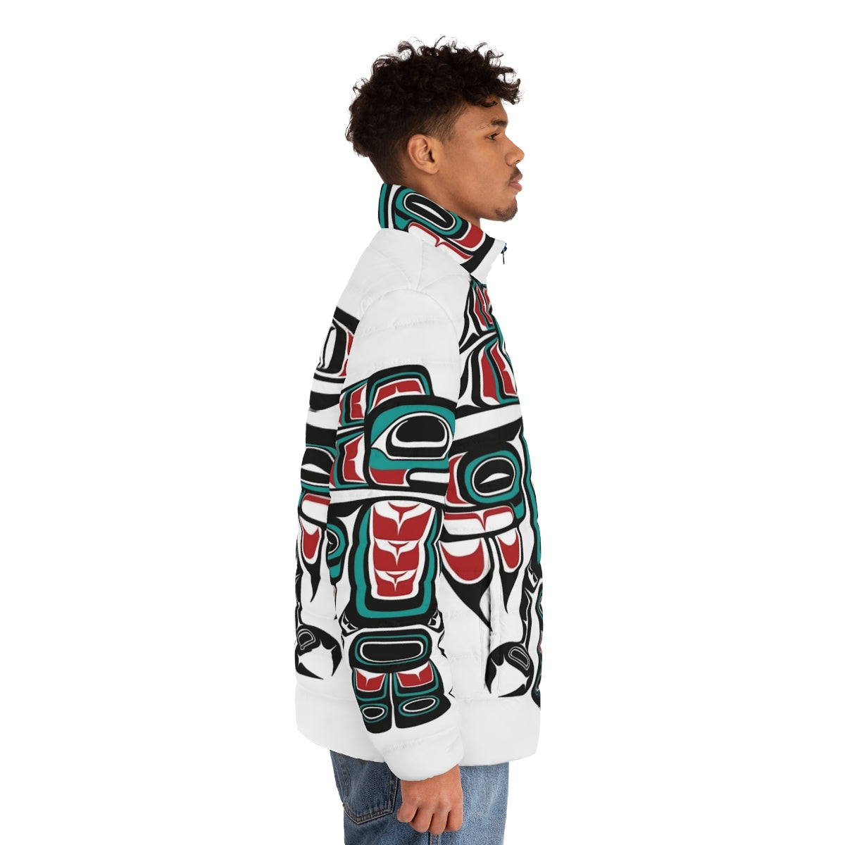 Haida Tlingit Native Raven Totem Puffer Jacket featuring traditional indigenous artwork - men side right