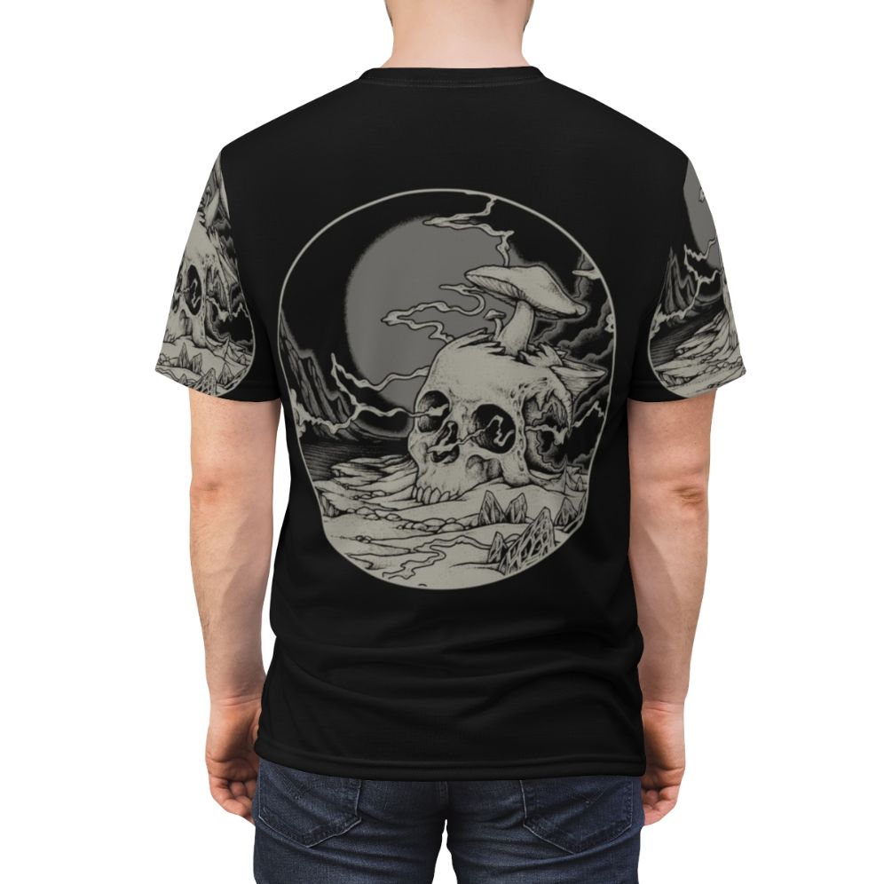 Psychedelic cosmic design with lost voyager, skull, and dark art elements on all-over-print t-shirt - men back