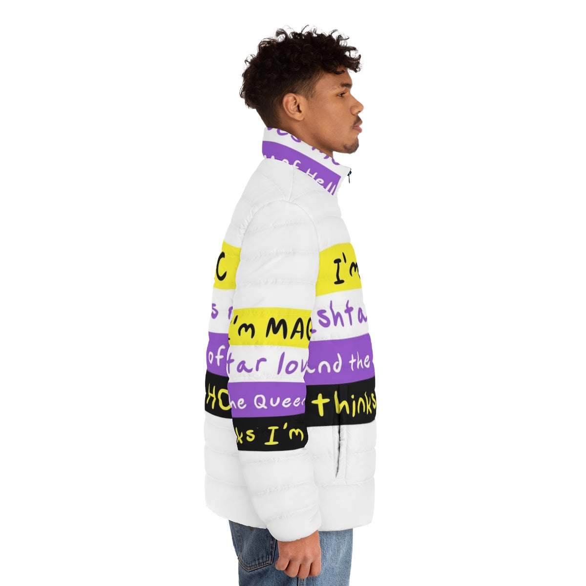 Ishtar-inspired nonbinary puffer jacket with magic and pride design - men side right