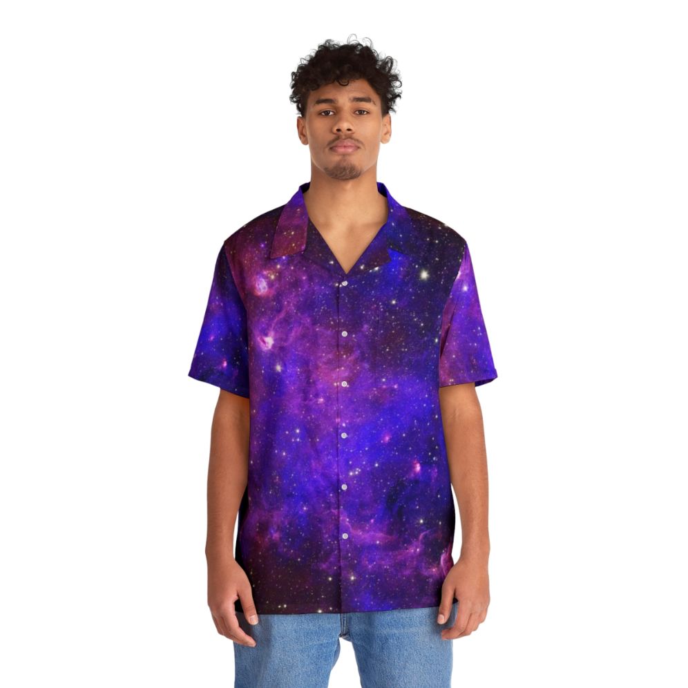 Galaxy design Hawaiian shirt featuring stars, planets, and cosmic patterns - People Front