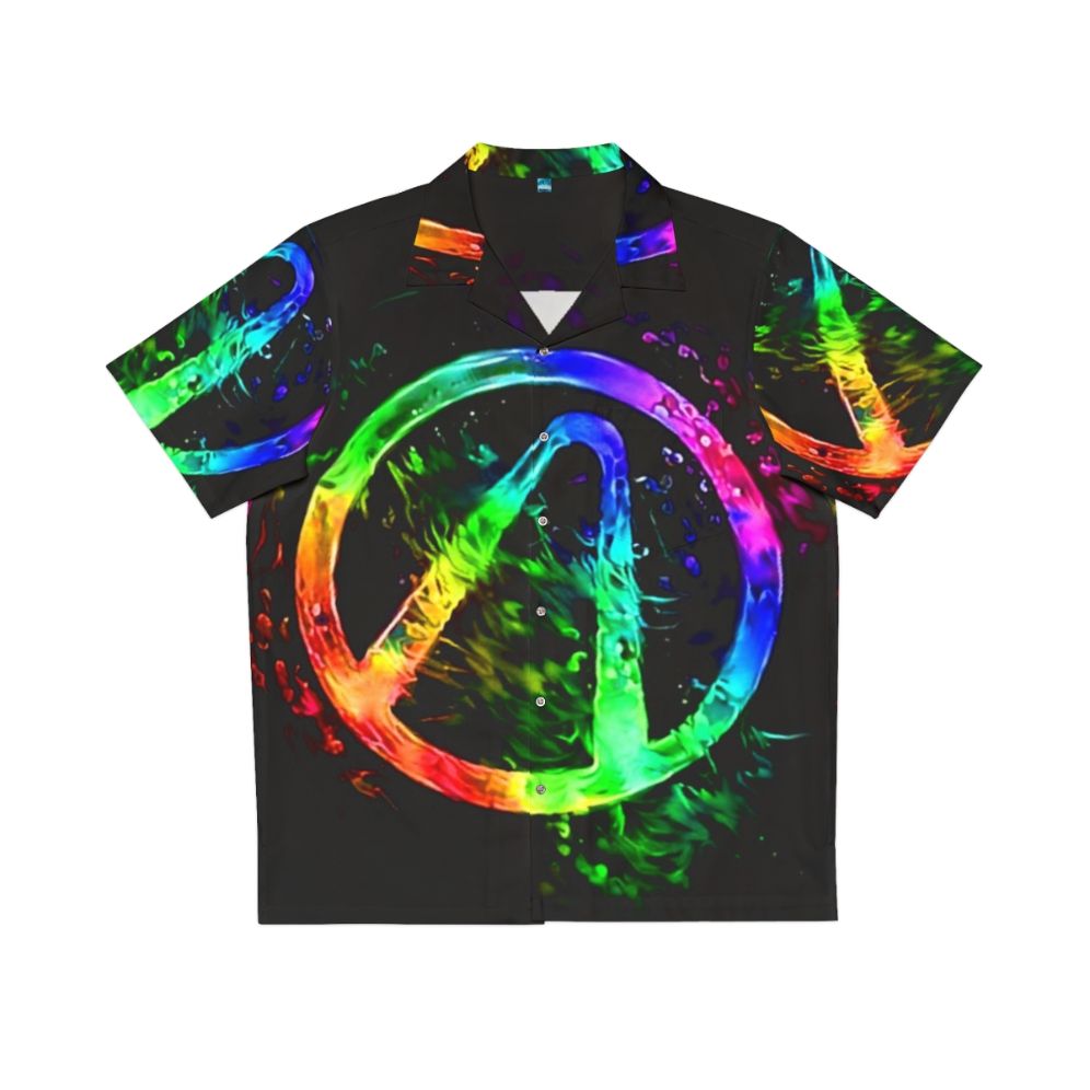 Borderlands inspired hawaiian shirt with a rainbow splash and vault hunter symbol design