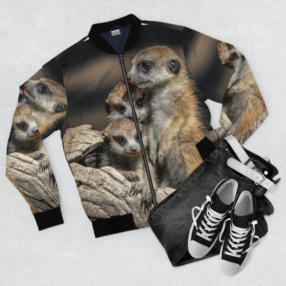 Meerkat Manor Bomber Jacket featuring meerkats in the Australian bush - Flat lay