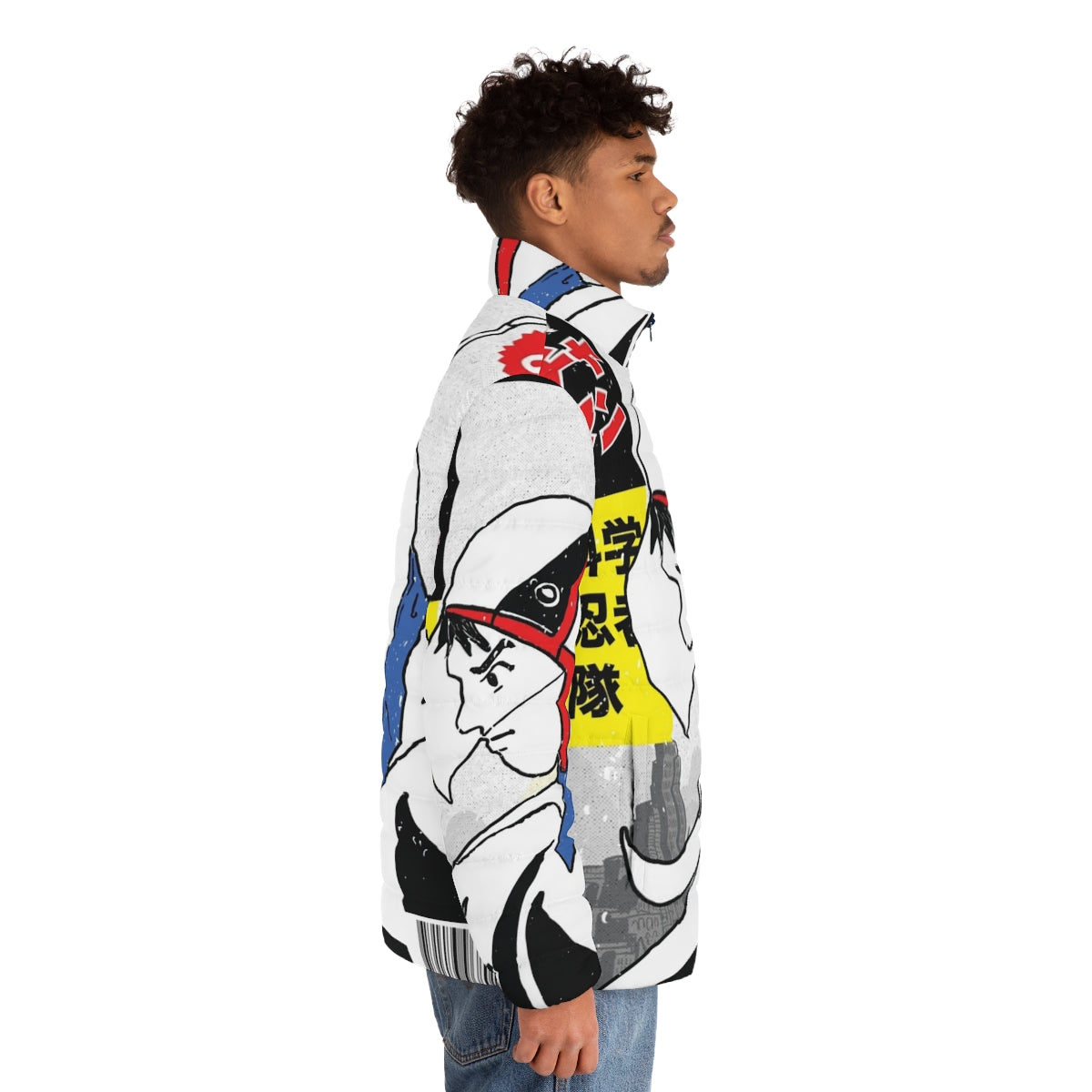 Gatchaman puffer jacket with science fiction and anime design - men side right