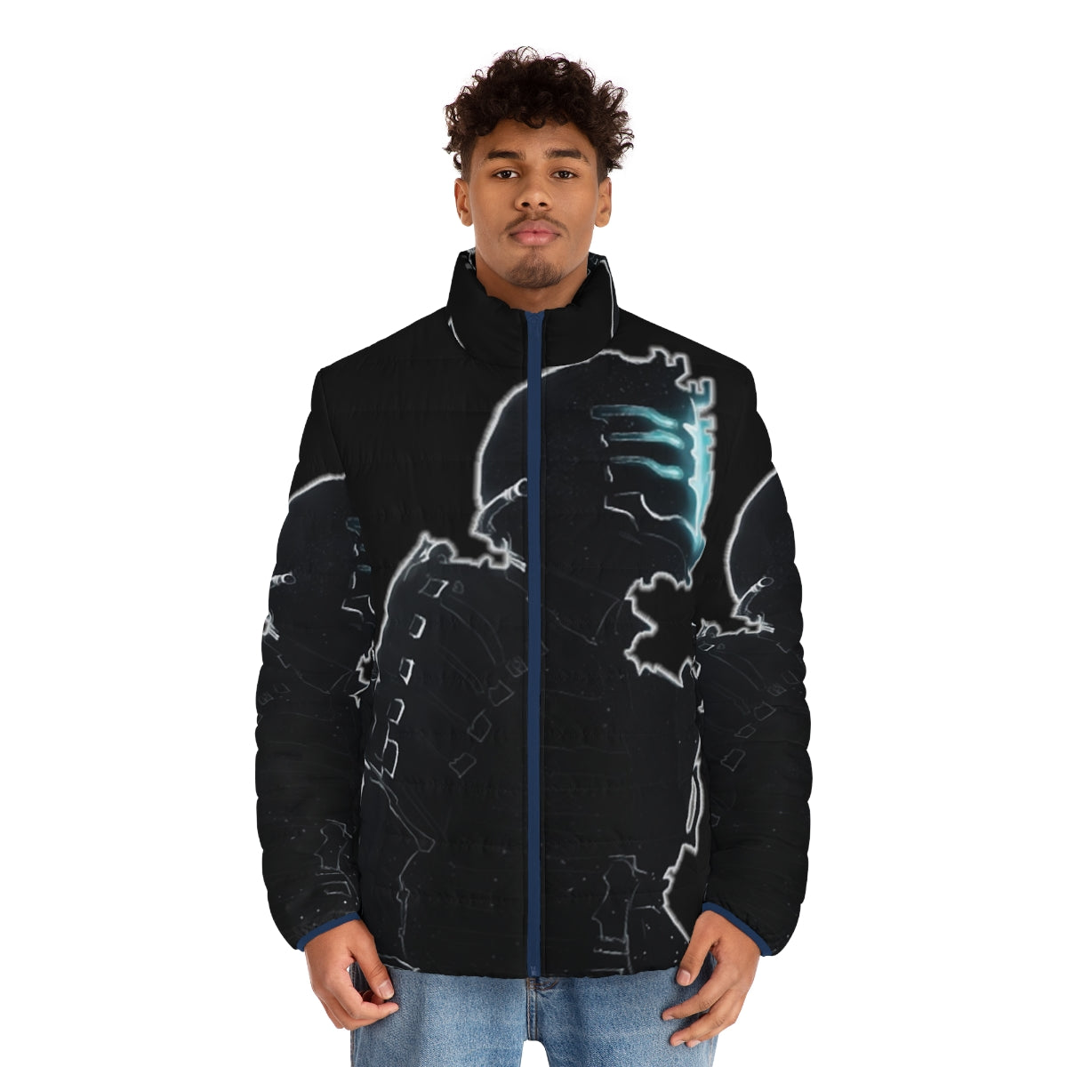 Dead Space-inspired puffer jacket with necromorph and Isaac Clarke graphics - men front