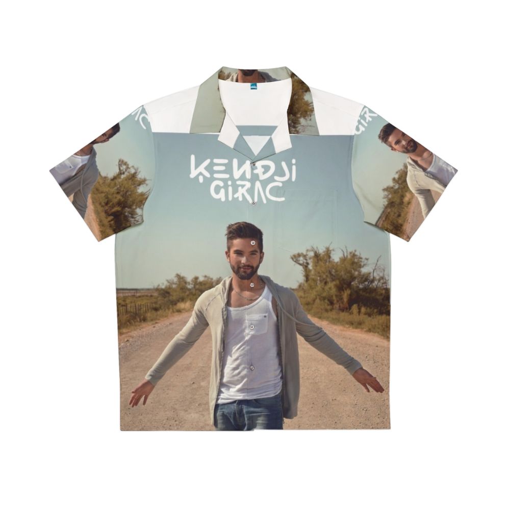 Kendji Girac wearing a tropical hawaiian shirt with gitano music album cover design