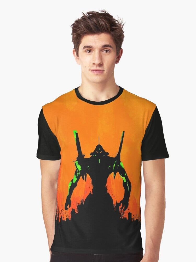 Minimalist Evangelion graphic t-shirt featuring a silhouette design of the NERV robot and characters from the anime series Neon Genesis Evangelion. - Men