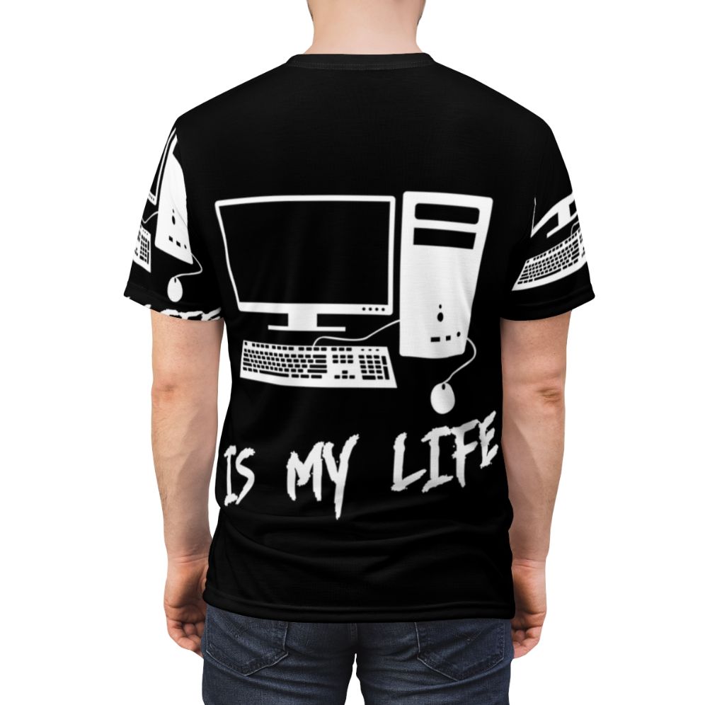 Model wearing a high-quality computer technology t-shirt - men back