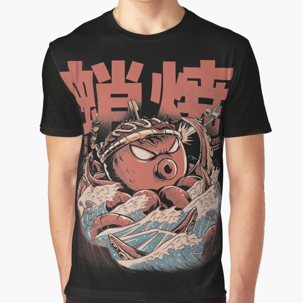 Retro Japanese Takoyaki Kaiju Graphic T-Shirt featuring an angry takoyaki creature in a vintage, ilustrata style.