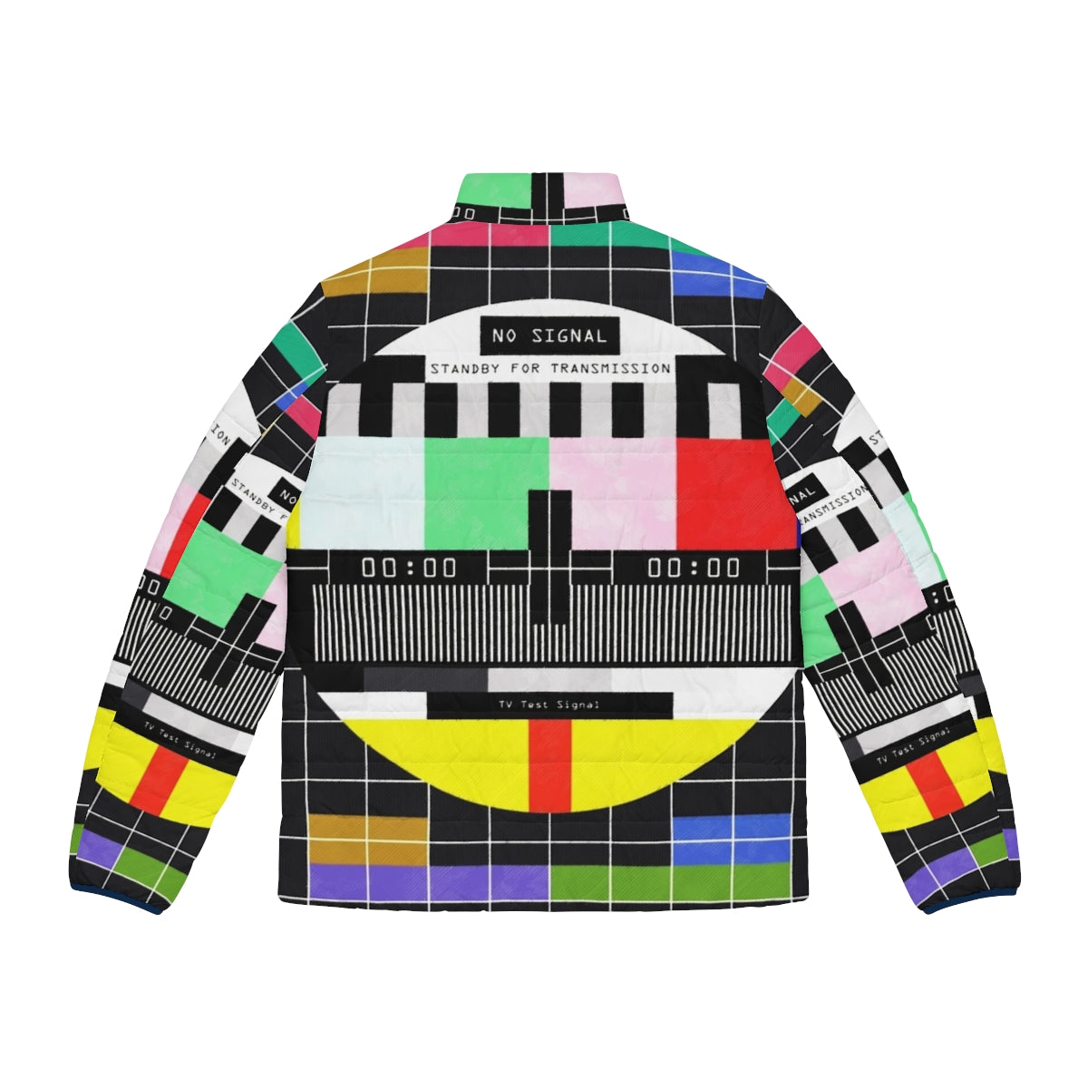 Standby For Transmission Puffer Jacket with retro graphic design and glitch art - Back