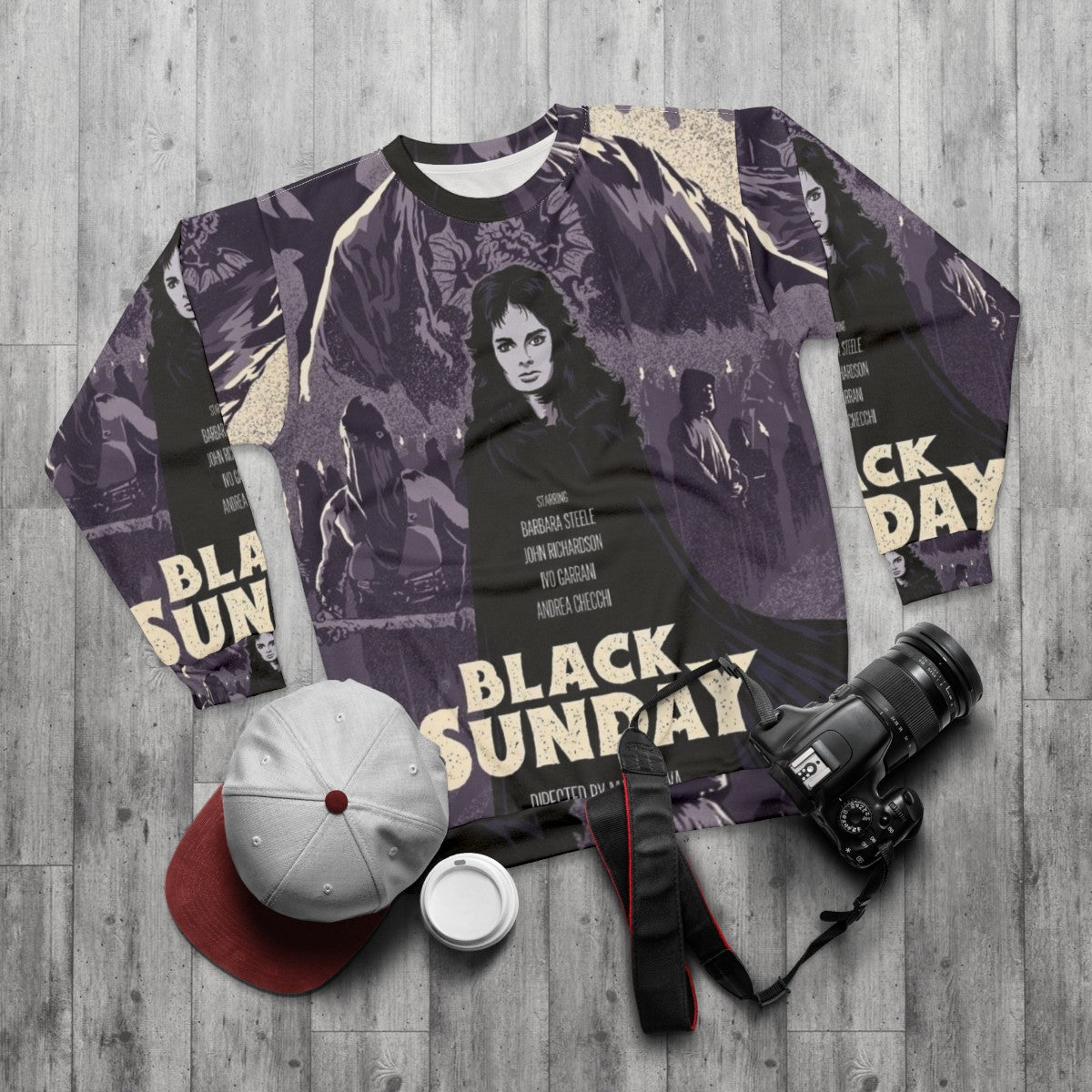 Black Sunday Horror Sweatshirt with Italian Gothic Horror Imagery - flat lay