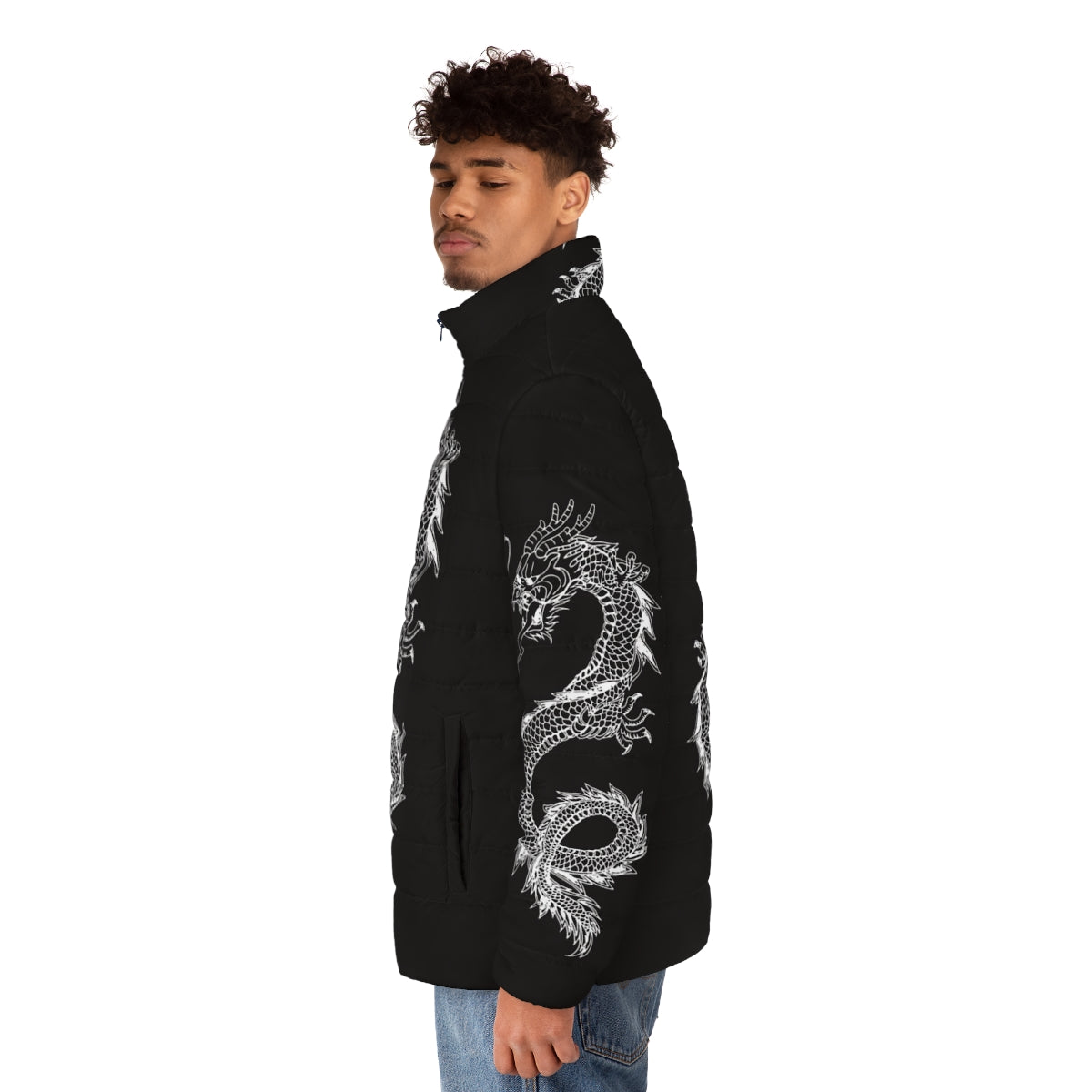 A stylish puffer jacket featuring a cool dragon silhouette design from the legendary animals collection. - men side left