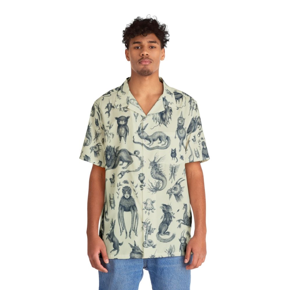 Pastel fantasy creatures Hawaiian shirt with mythical beasts and nature-inspired design - People Front