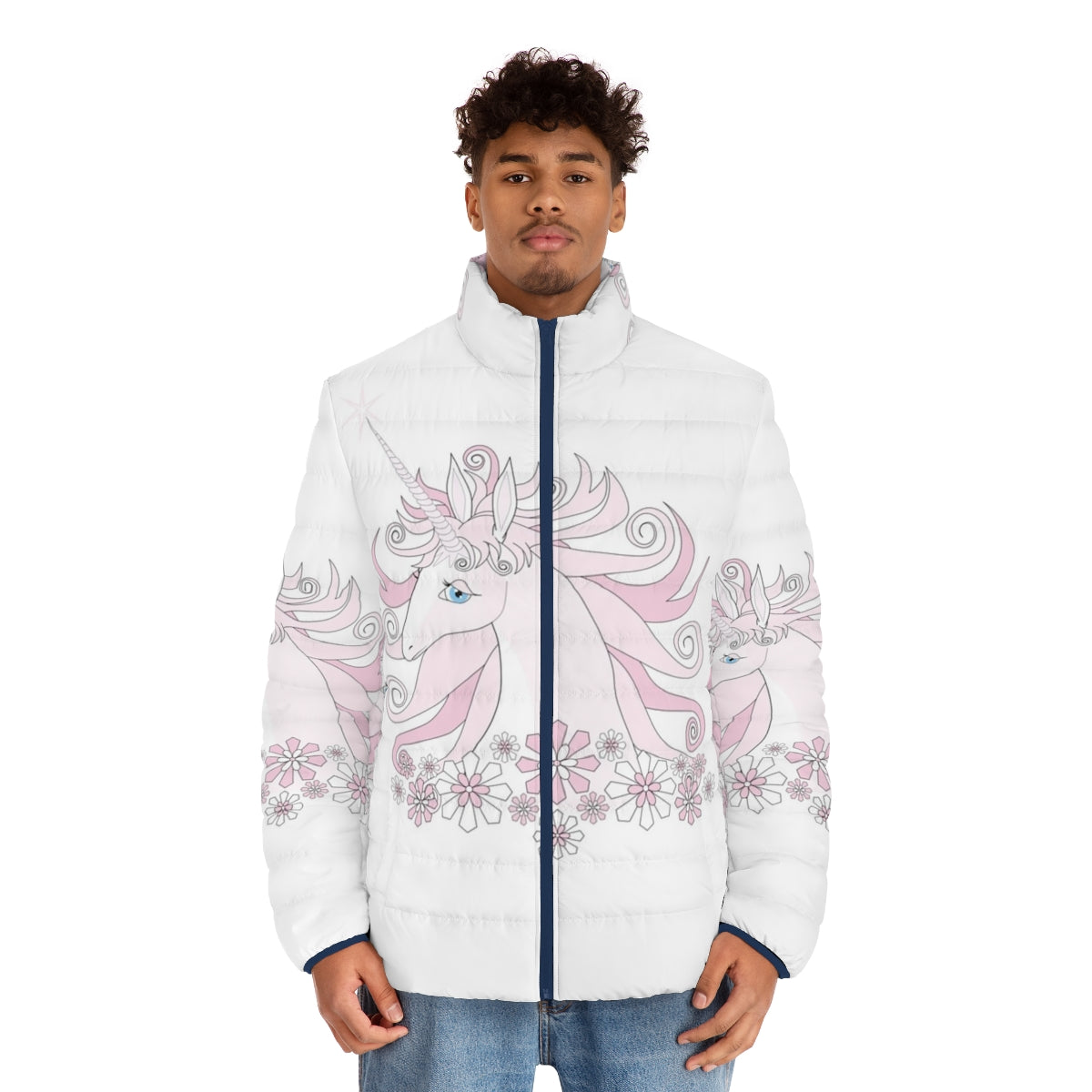 The Last Unicorn puffer jacket with a beautiful pink unicorn design - men front