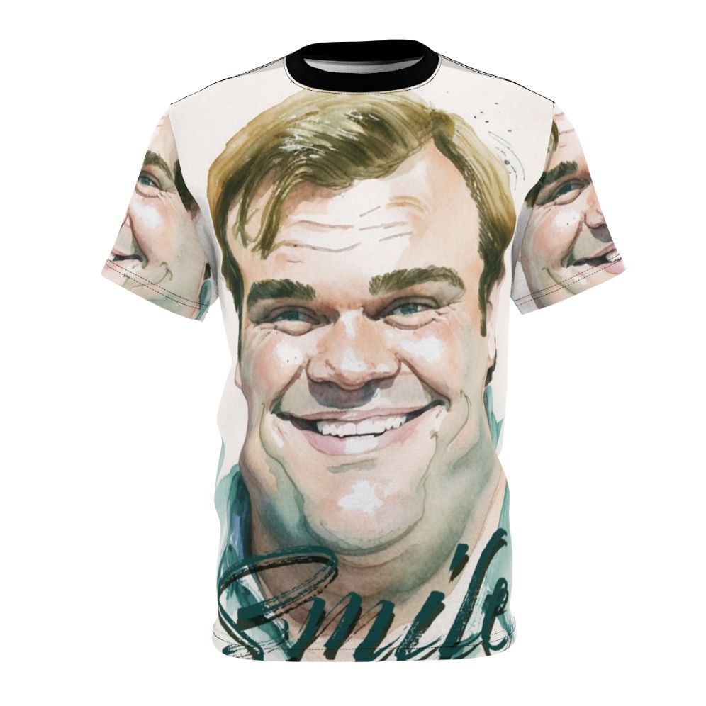 Colorful watercolor art of Chris Farley's iconic character Matt Foley on a t-shirt