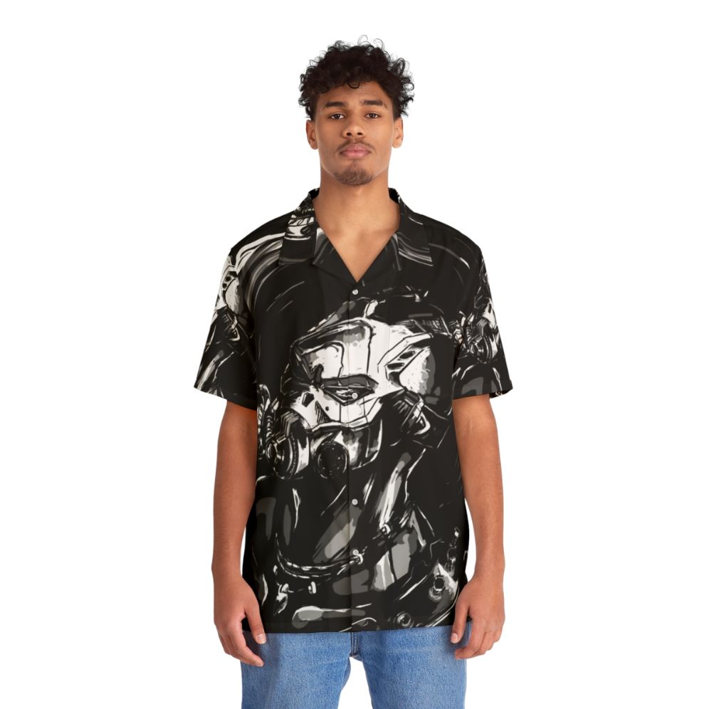 Borderlands-inspired dark graphic Hawaiian shirt with monochrome cell-shaded design - People Front