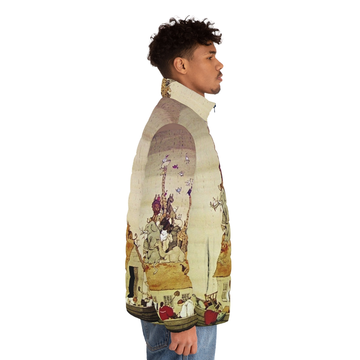 Puffer jacket with a whimsical illustration of Noah's Ark and animals by W. Heath Robinson - men side right