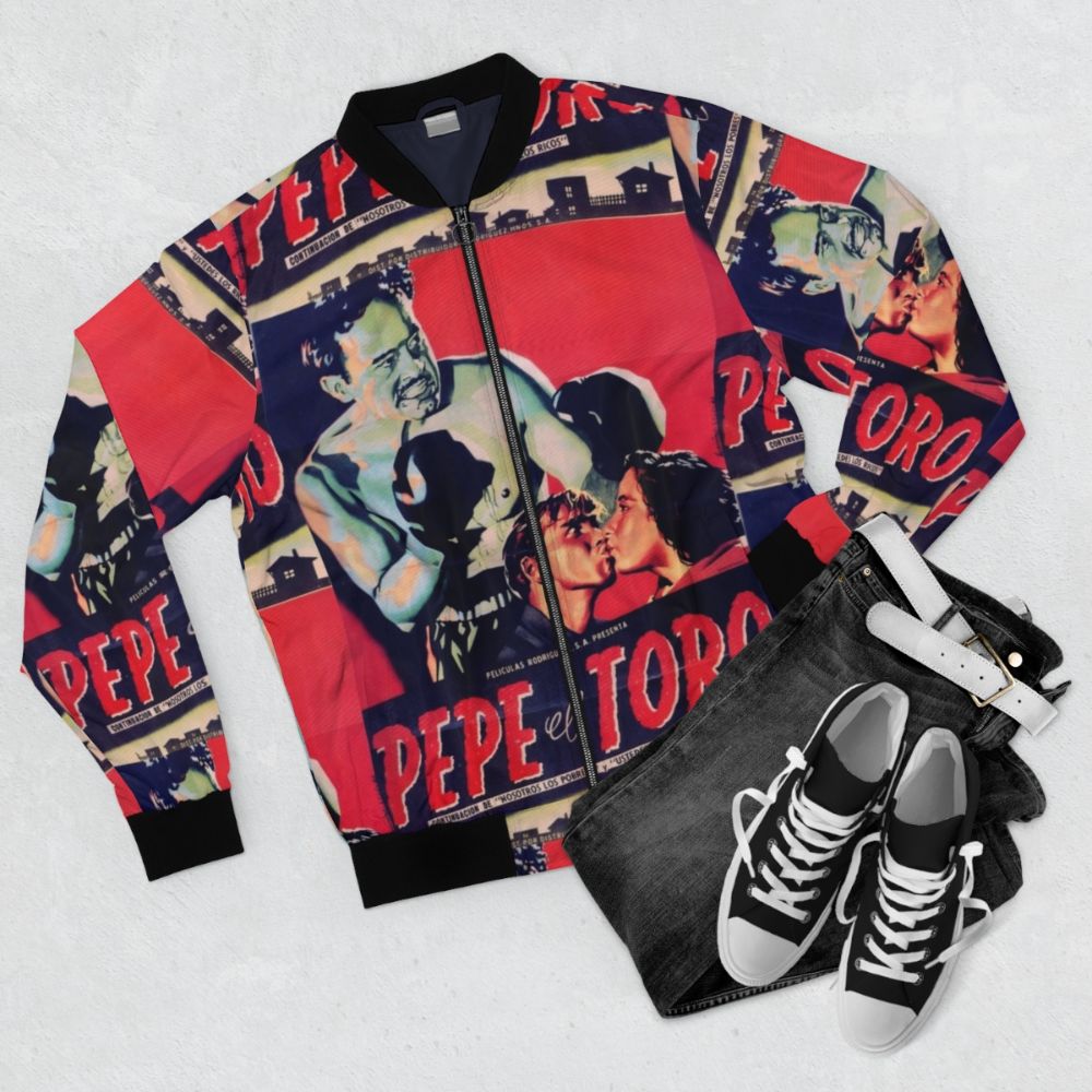 Vintage Mexican Cinema Icons Bomber Jacket with images of classic Mexican movie stars - Flat lay