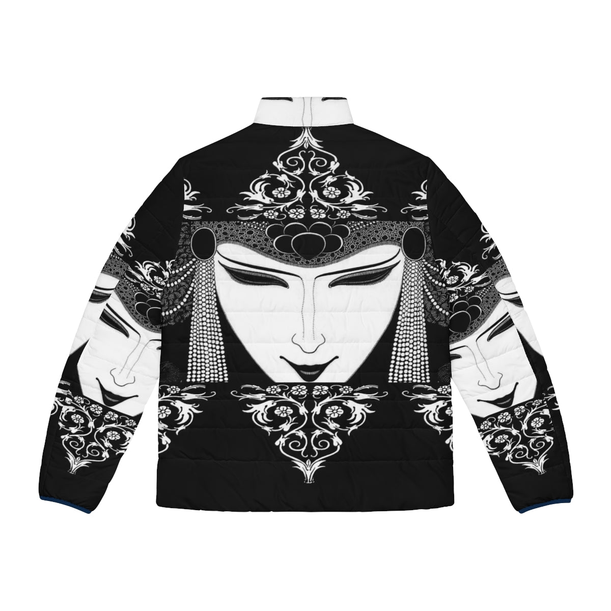 Aubrey Beardsley inspired gothic puffer jacket with black and white illustration - Back