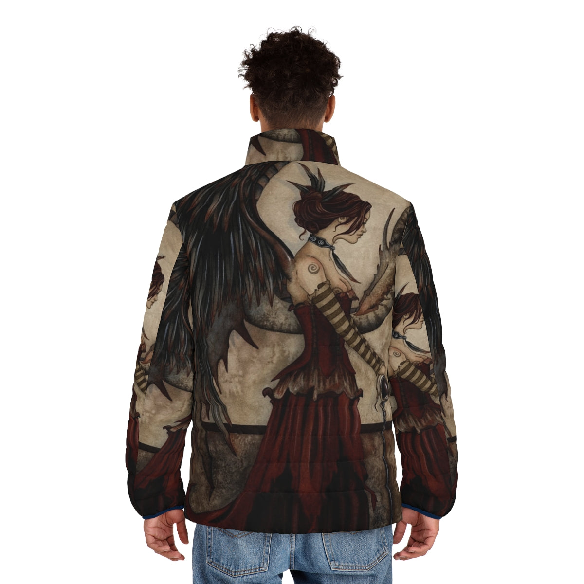 A dark and mystical puffer jacket featuring a dragon design in a fantasy art style - men back