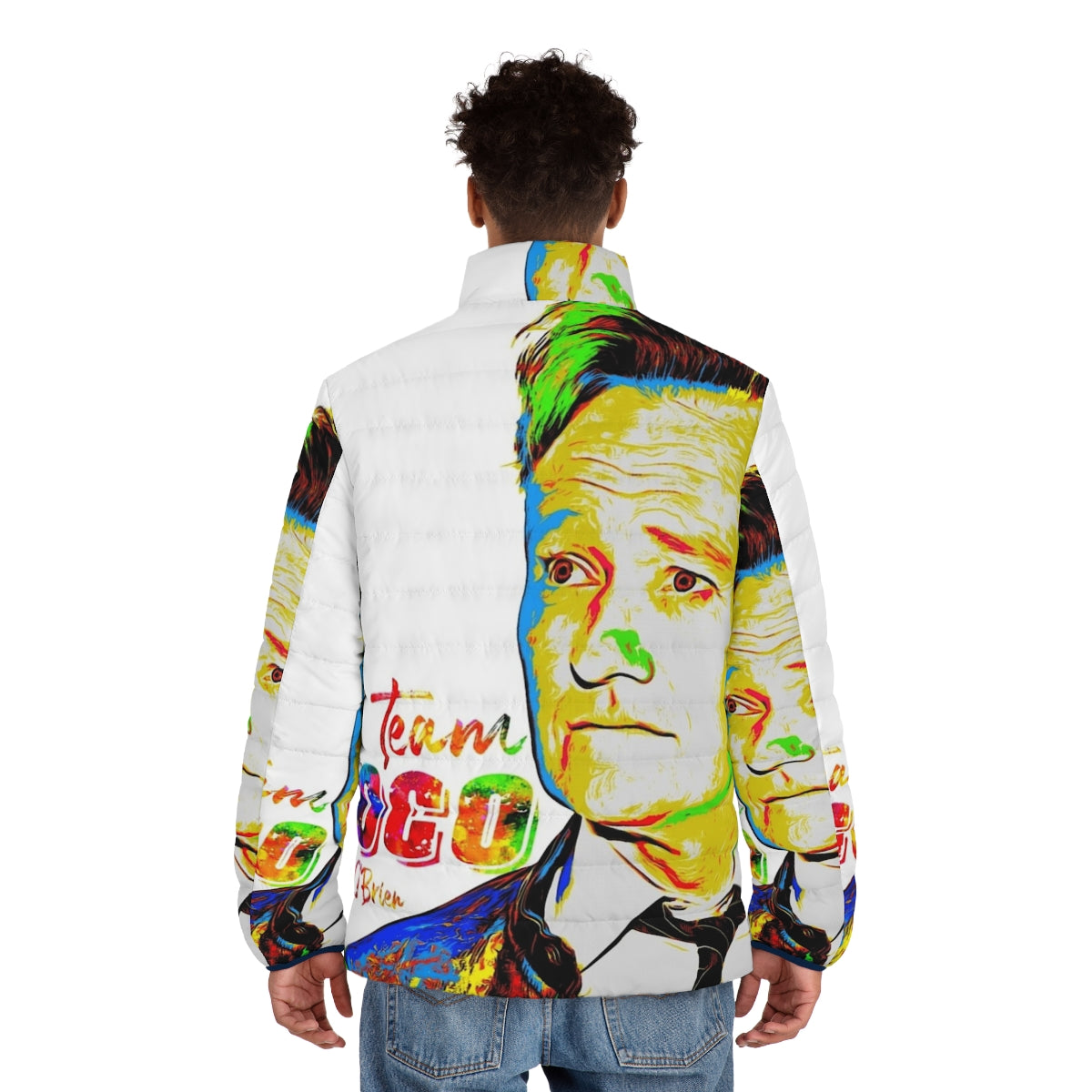 Conan O'Brien Team Coco Puffer Jacket featuring a cool watercolor portrait design - men back