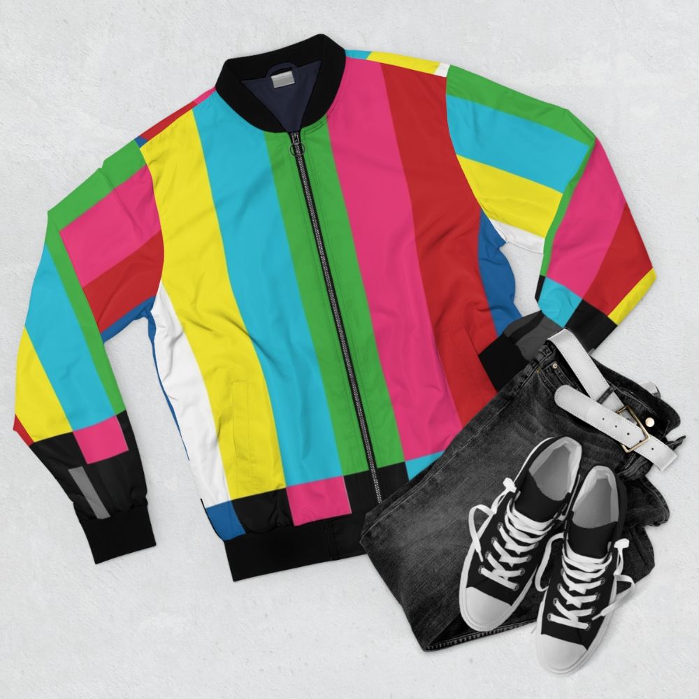 Bomber jacket with a retro TV color bars pattern design - Flat lay