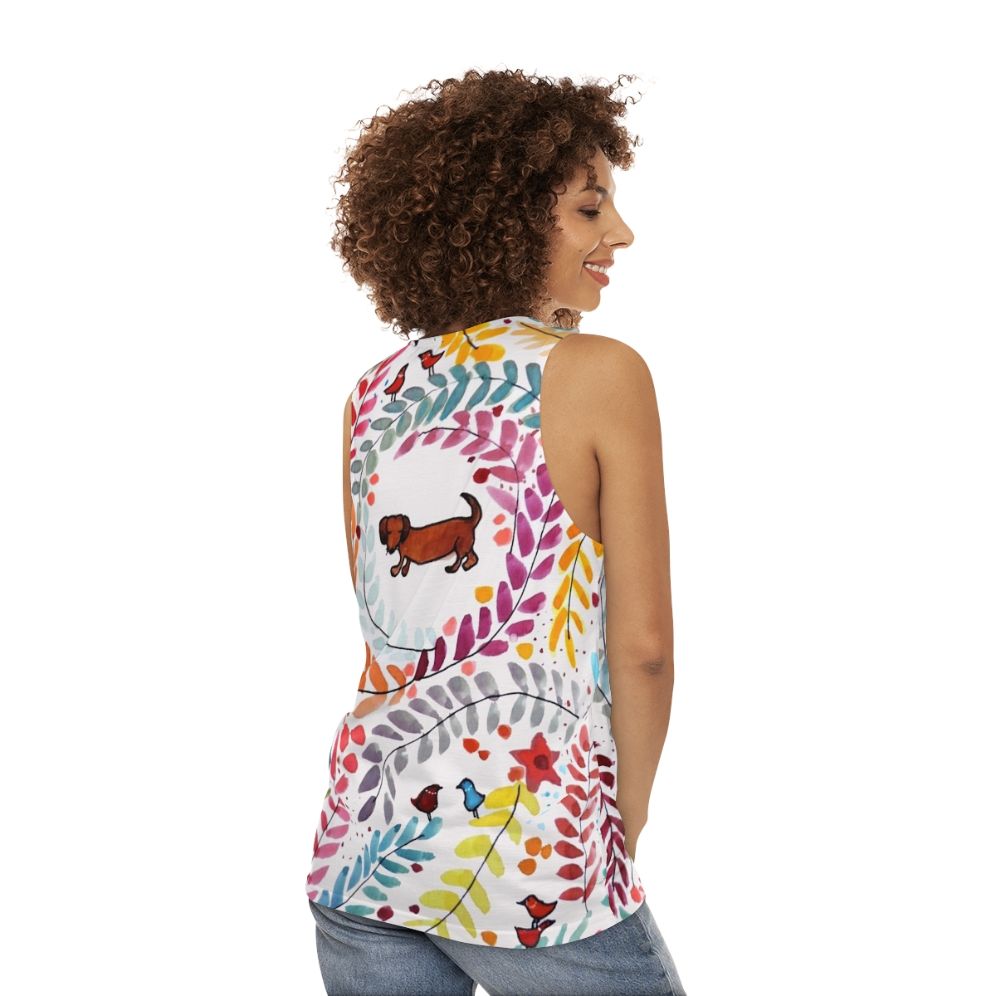 Dachshund-themed unisex tank top with colorful floral and bird pattern - women back