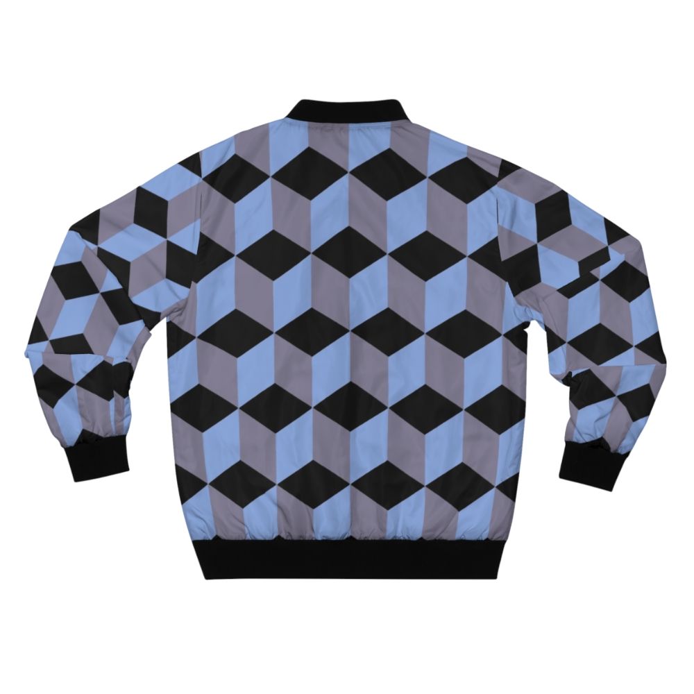 Bomber jacket with an isometric cube pattern in black, blue, and lilac colors, featuring a geometric art design with the illusion of depth. - Back