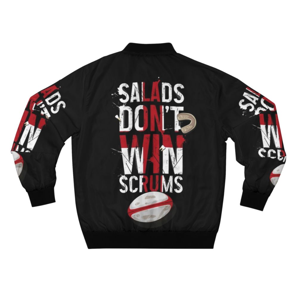 Patriotic England rugby bomber jacket with distressed vintage design and "Salads Don't Win Scrums" graphic - Back