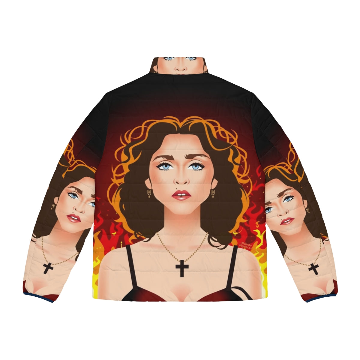 Prayer Puffer Jacket featuring Alejandro Mogollo's fiery pop art cross design - Back