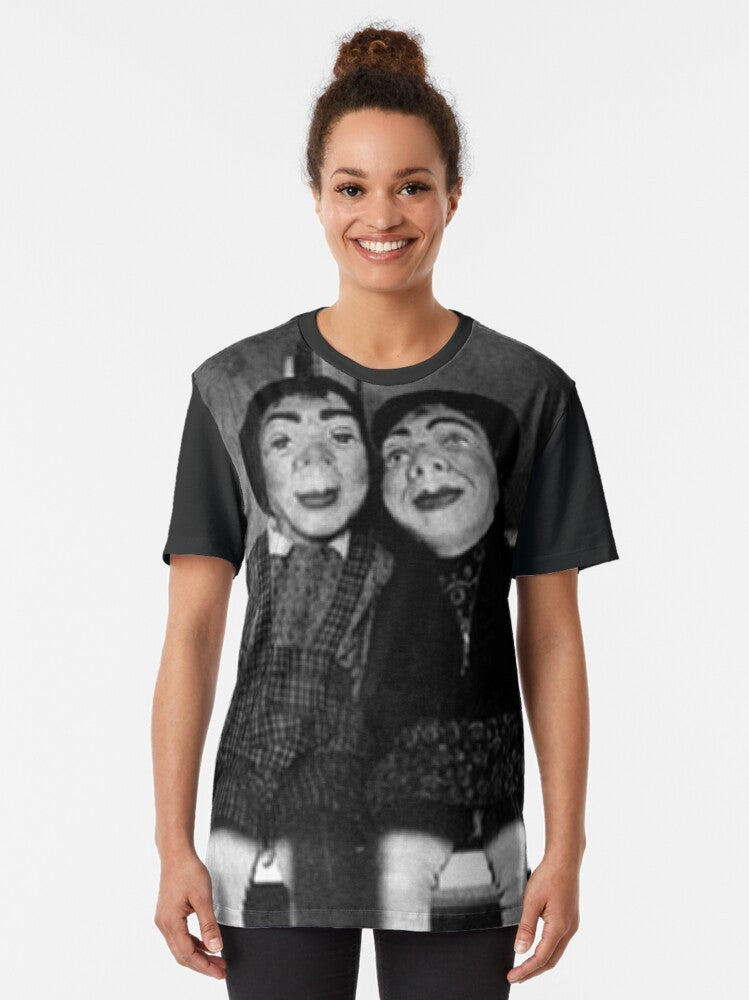 Creepy deep web-inspired Halloween graphic t-shirt design with haunted doll, ghost, and pumpkin. - Women