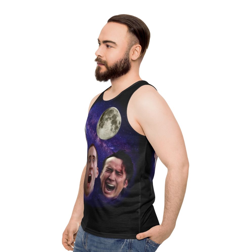 Unisex tank top featuring a Three Cage Moon meme design - men side