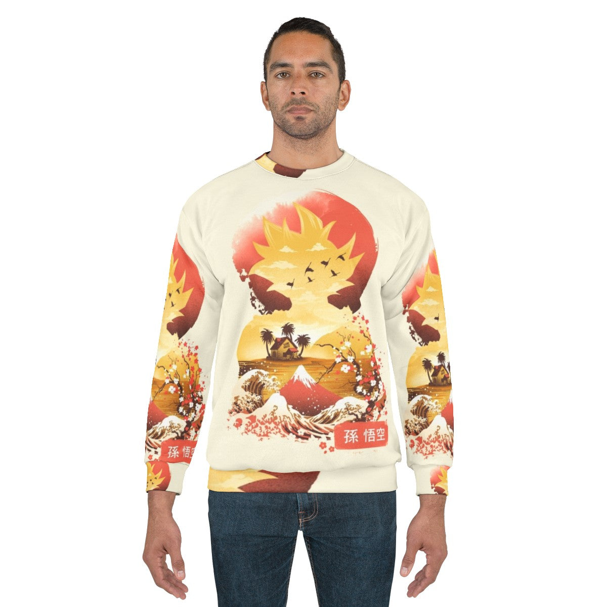 Ukiyo-E inspired Super Saiyan sweatshirt featuring anime and Japanese art - men