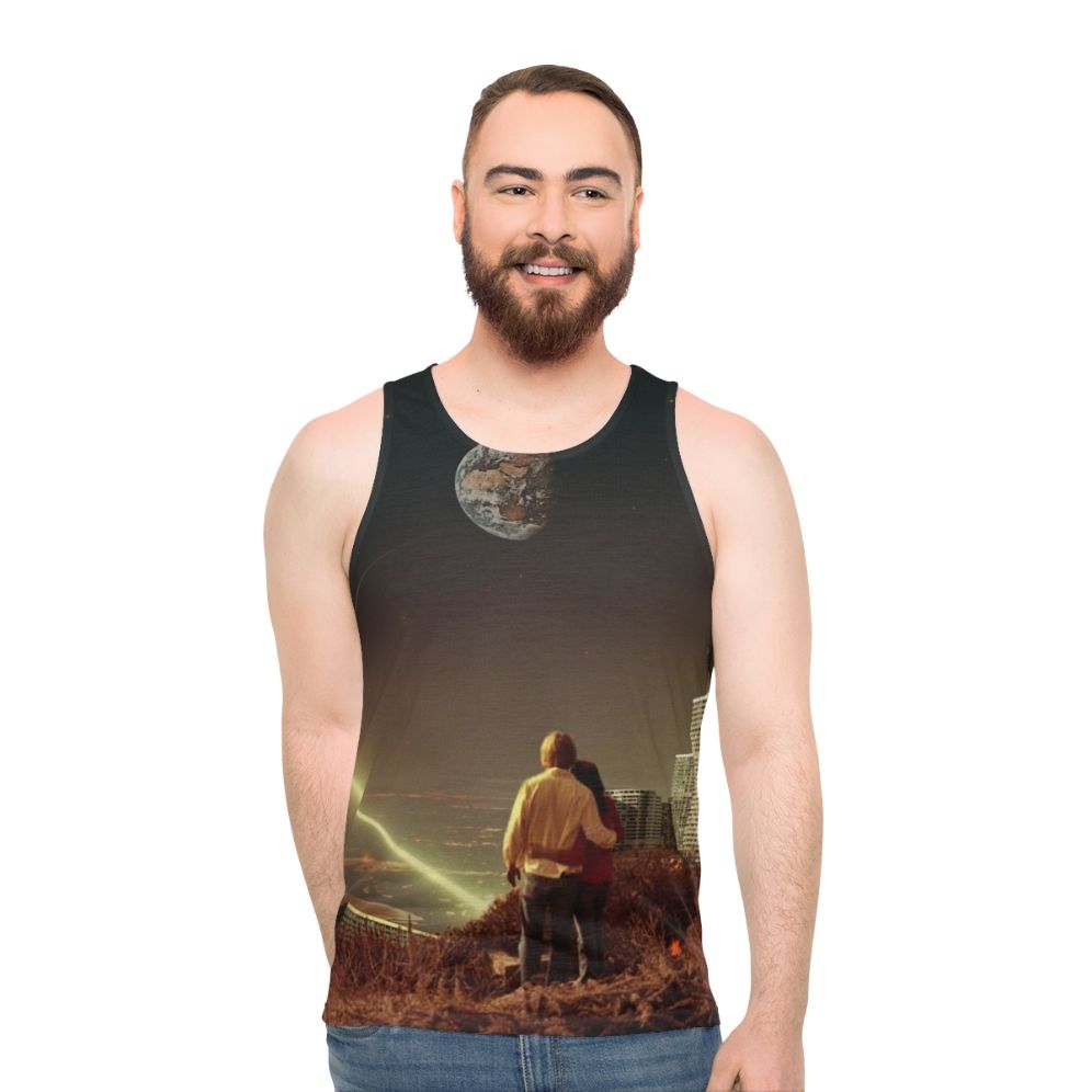 Surreal unisex tank top featuring a couple in a retro-futuristic urban landscape - men