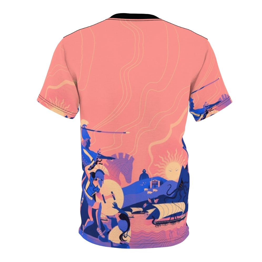 A vibrant t-shirt featuring a Homeric landscape design with elements from the Iliad and Odyssey, including Achilles, Patroclus, Minerva, Hector, Odysseus, Penelope, and more. - Back