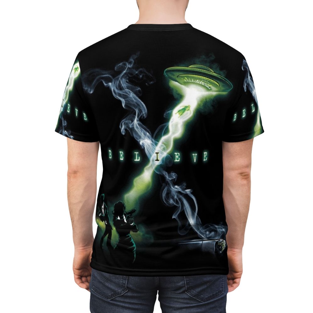 X-Files inspired t-shirt design featuring alien and UFO imagery - men back