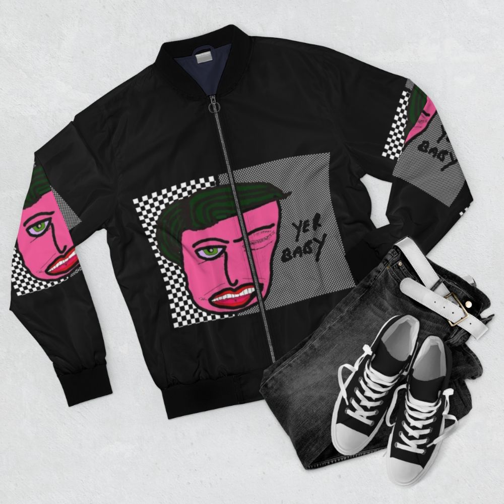 Ringo Starr Art Bomber Jacket featuring a "Yer Baby" meme design - Flat lay