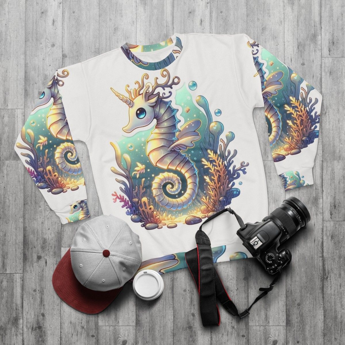 Legendary fantasy seahorse and deer graphic on a sweatshirt - flat lay