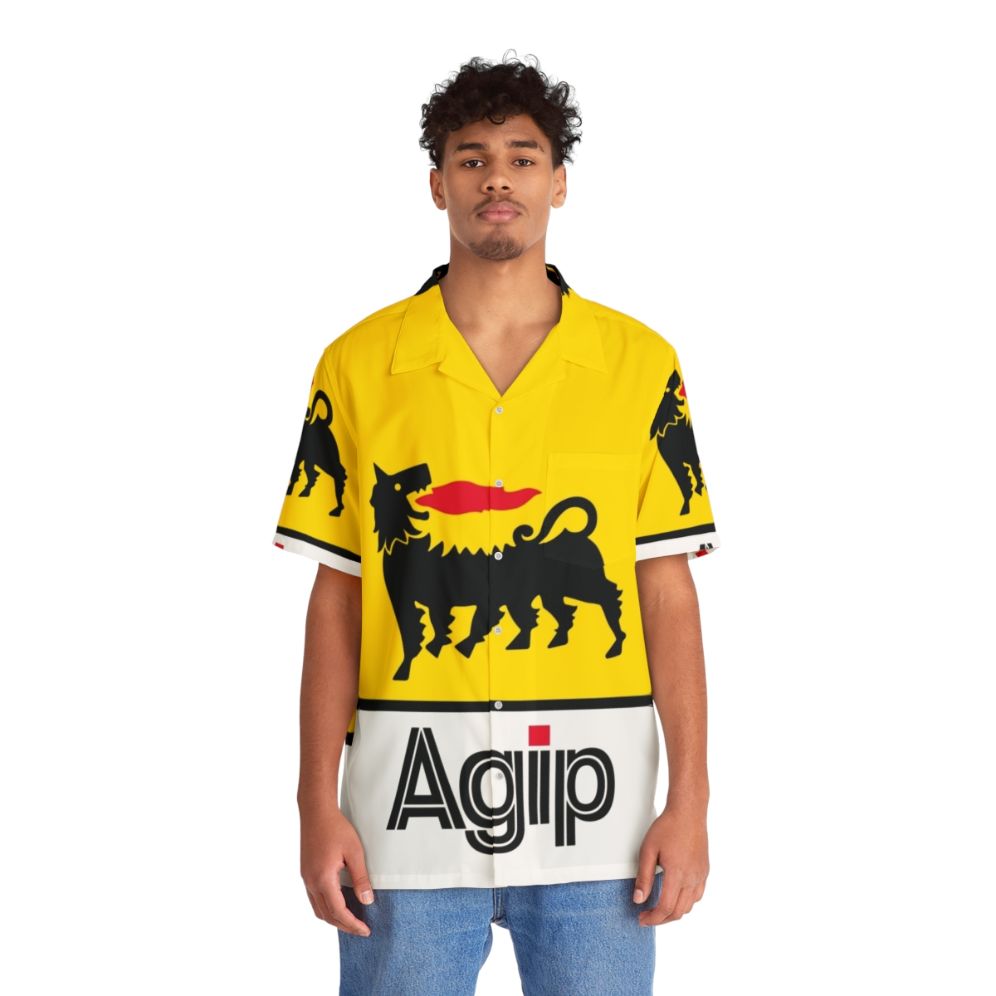 Vintage Agip Lubricants Logo Hawaiian Shirt with Alfa Romeo and Formula 1 Racing Motifs - Lifestyle