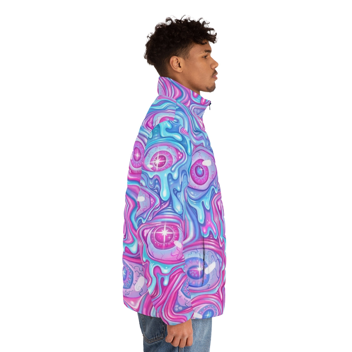 Colorful puffer jacket with a vibrant eyeball pattern design - men side right