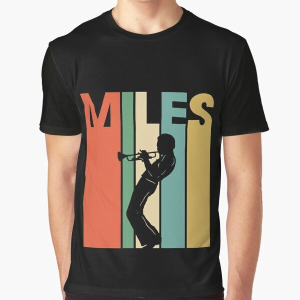 Retro graphic t-shirt featuring a blue trumpet with the words "Miles Davis" in a vintage-inspired design.