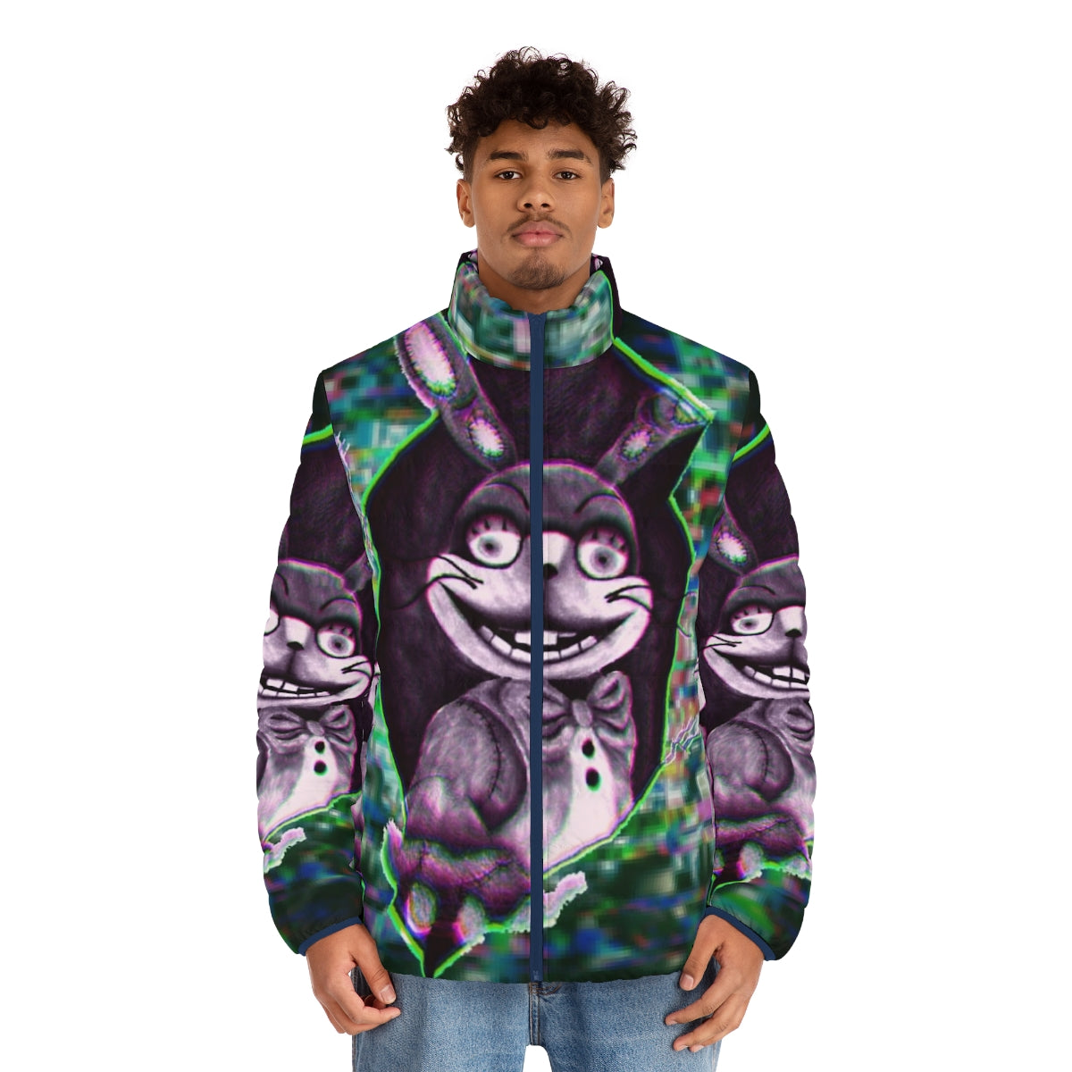 Glitchtrap Puffer Jacket featuring Freddy Fazbear and FNAF Security Breach design - men front