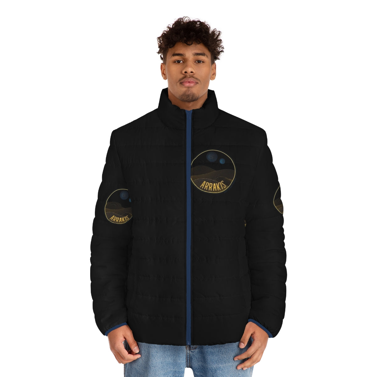 Arrakis Dune Puffer Jacket with line art landscape and two moons - men front