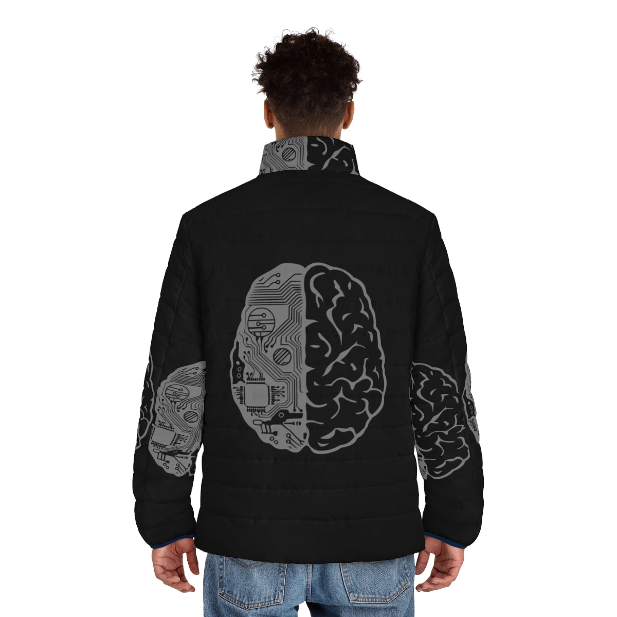 Coding Brain Grey Puffer Jacket with binary code and programming motifs - men back