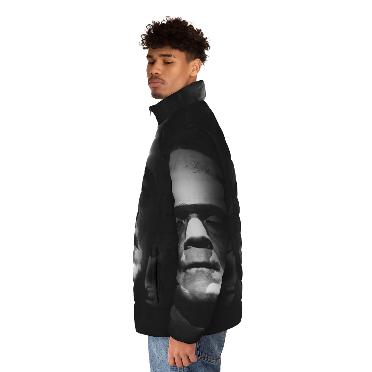 Frankenstein monster puffer jacket featuring the iconic Boris Karloff face - men side left