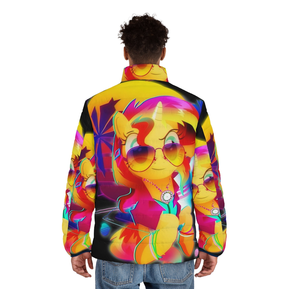 Sunset Shimmer inspired synthwave puffer jacket with retro 80s neon vaporwave design - men back