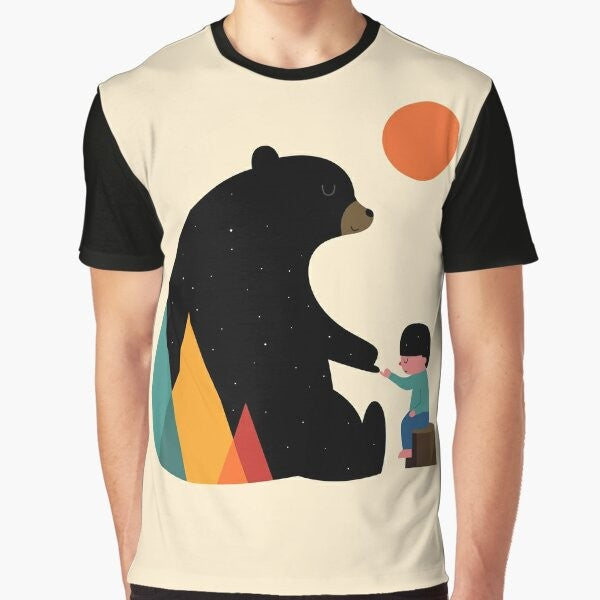 Graphic t-shirt with a bear in a nature landscape, featuring the word "Promise"